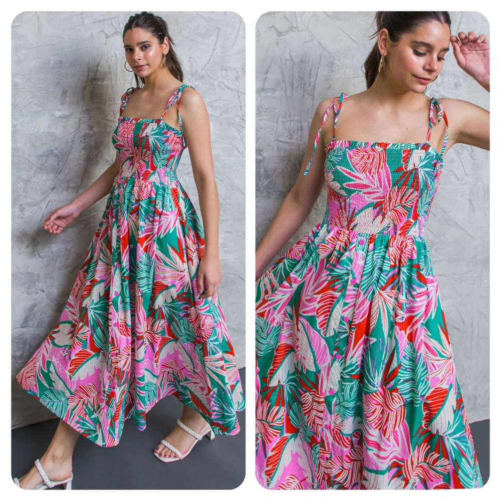 Flying Tomato Tropical Smocked Midi Dress Pink Teal Large